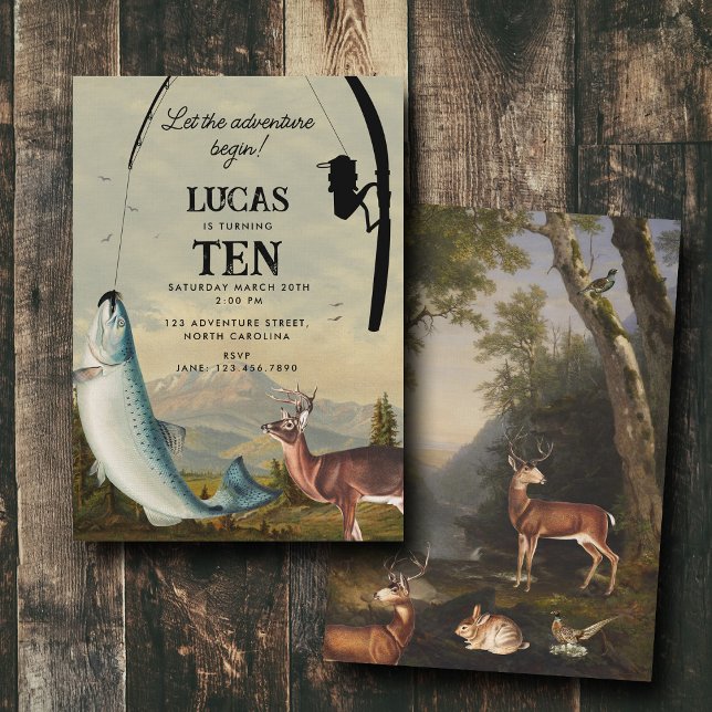 Jakt Fiske Äventyr Börjar Barnens Födelsedag Inbjudningar (Hunting Fishing Adventure Begins Kids Birthday Invitation)