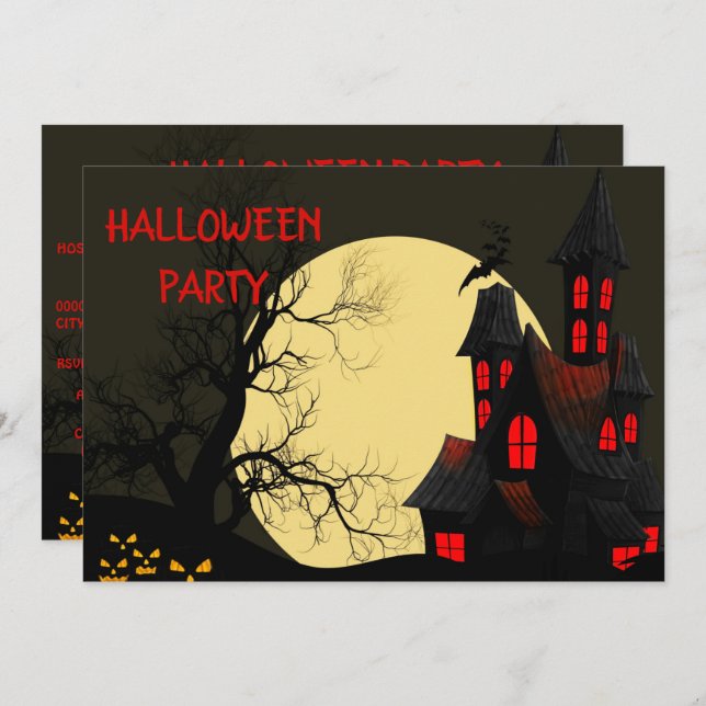 Jakt House Full Moon Halloween fest-inbjudan Inbjudningar (Fram/baksida)