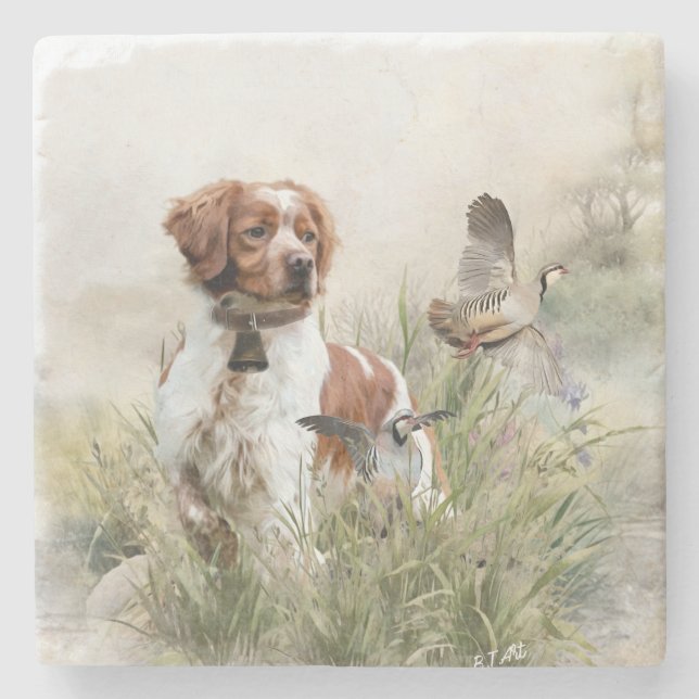 Jakt med Bretagne hund, Art Stenunderlägg (Framsidan)