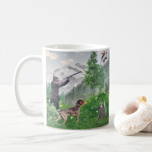 Jakt med tyska Wirehected Pointer Tapestry P Kaffemugg (Med munk)