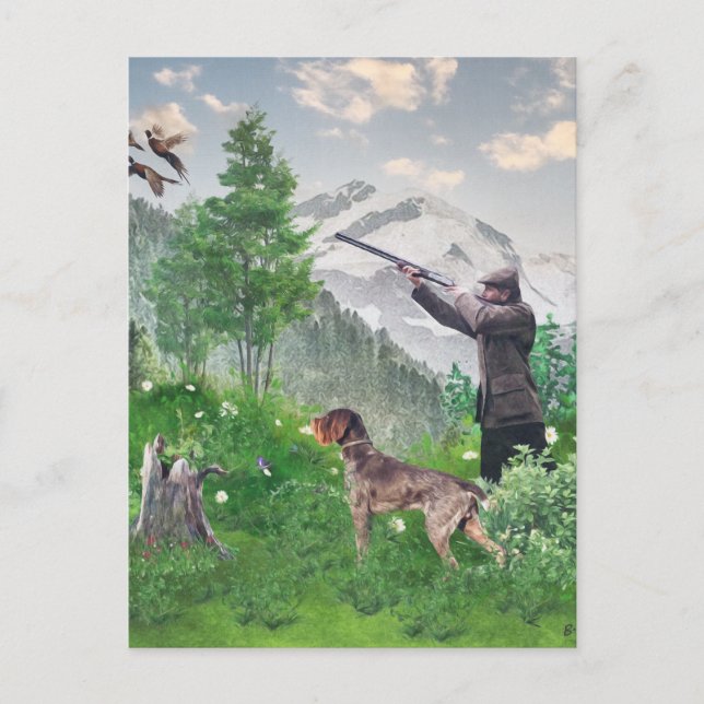 Jakt med tyska Wirehected Pointer Tapestry P Vykort (Framsida)