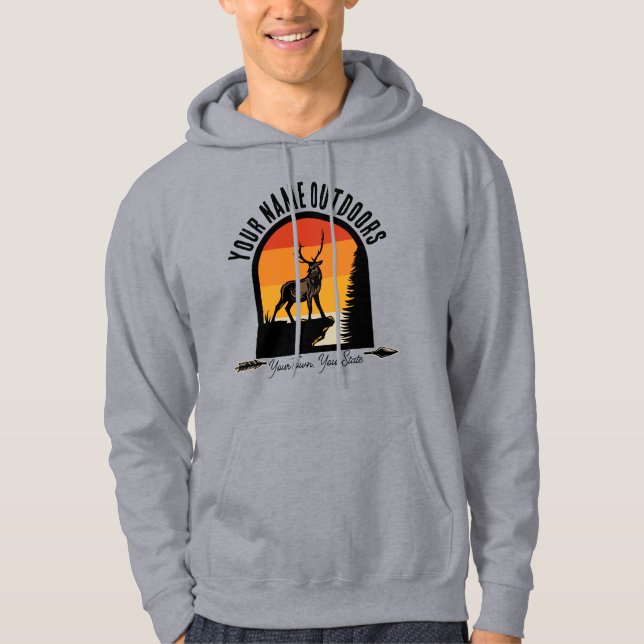 Jakt på ADD NAMN utomhus Hjort Elk Wilderness Camp Hoodie (Framsida)