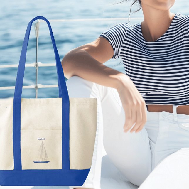 Jakt Segelbåt Kontrast Trimning Tygkasse (Sail boat personalized canvas boat tote)