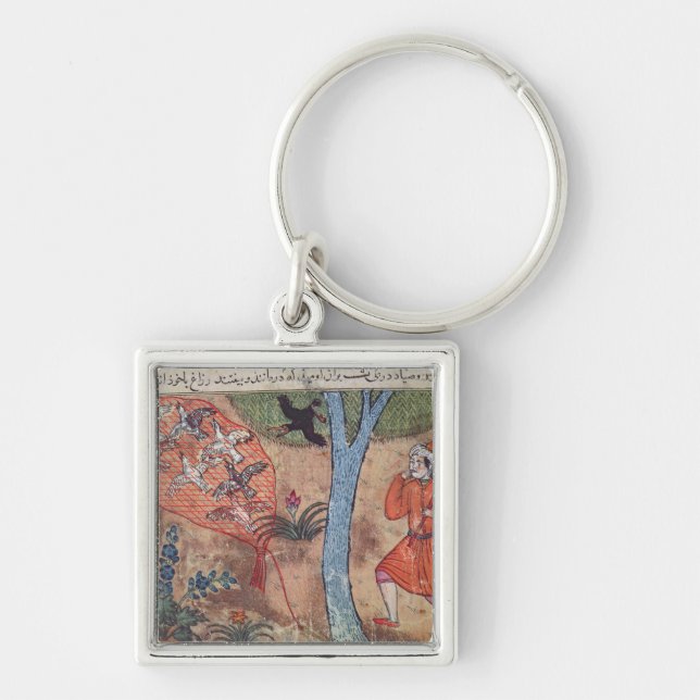 Jaktfåglar, från 'boken av Kalila och Fyrkantig Silverfärgad Nyckelring (Framsidan)