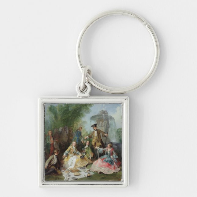 Jaktpartymålet, C. 1737 Fyrkantig Silverfärgad Nyckelring (Framsidan)