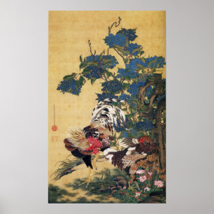 Jakuchu, Tupp och Hen med Hydrangeas Poster
