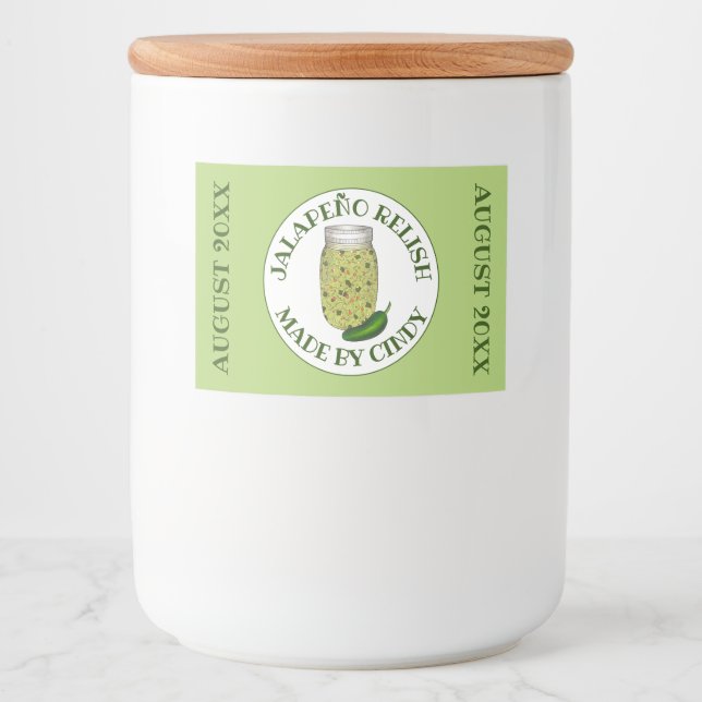 Jalapeno Jalapeño Hett Pepper Relish made konserve Mat Etiketter (Framsida)