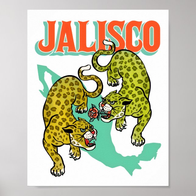Jalisco Mexico, Retro Travel Poster, Jaguar Art Poster (Framsidan)