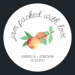 Jam Packed With Love Peach Jam Wedding Favor  Runt Klistermärke<br><div class="desc">Jam Packed With Love. These simple yet modern labels for your peach jam wedding favors.
The sticker features a watercolor image of a peach with the quote Jam Packed With Love.
Personalize with the bride and groom's names and wedding date.</div>