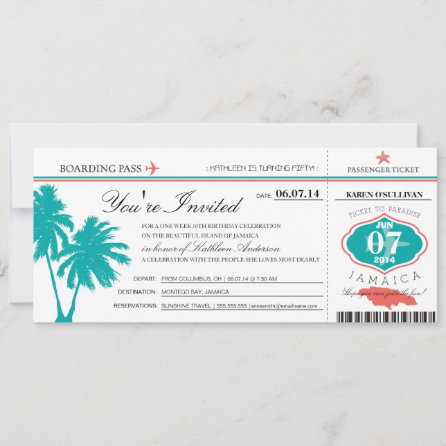 JAMAICA Boarding Pass Birthday Inbjudningar (Framsida)