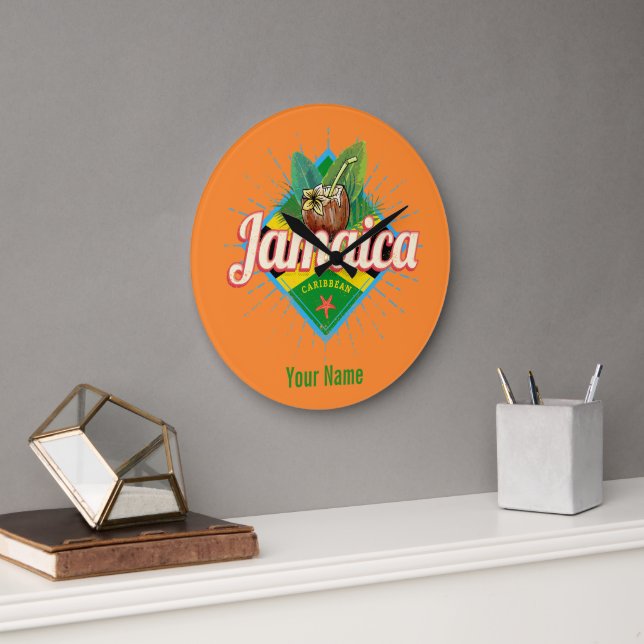 Jamaica caribbönretro flagga-vintage stor klocka (Kontor)