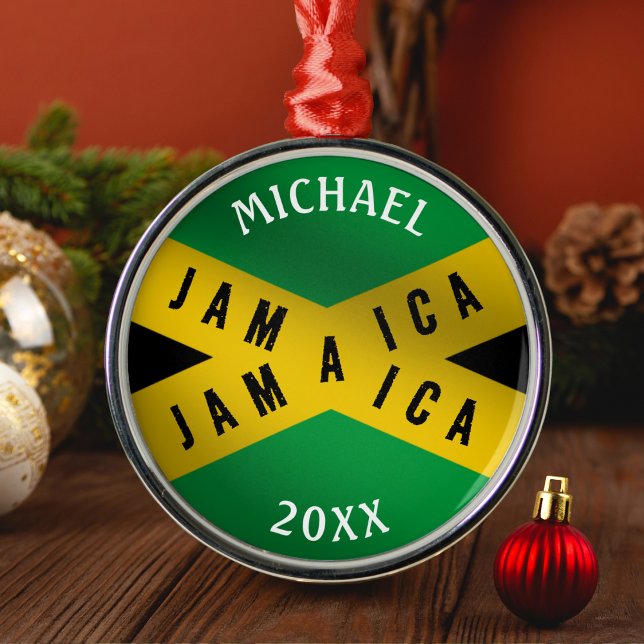 Jamaica Caution Tape Grönt Guld Jamaican Flagga Julgransprydnad Metall (Jamaica Caution Tape Green Gold Jamaican Flag Metal Ornament)