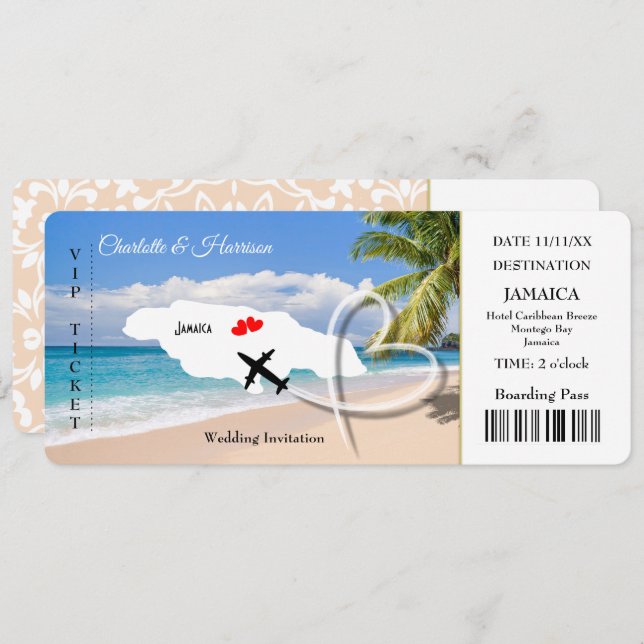 Jamaica Destination Wedding Biljett Pass Inbjudningar (Fram/baksida)