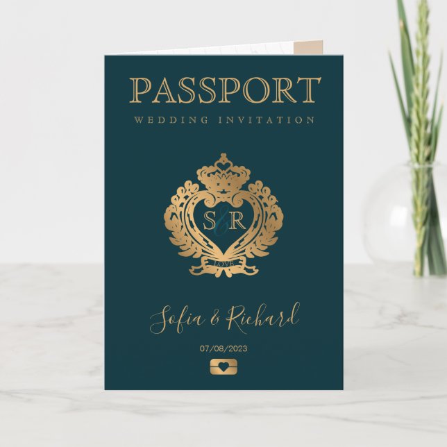 Jamaica Destination Wedding Passport Guld Vapenskö Inbjudan (Framsida)