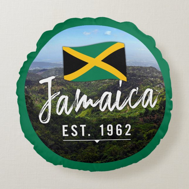 "Jamaica Est. 1962" Blå berg med flagga Rund Kudde (Framsidan)