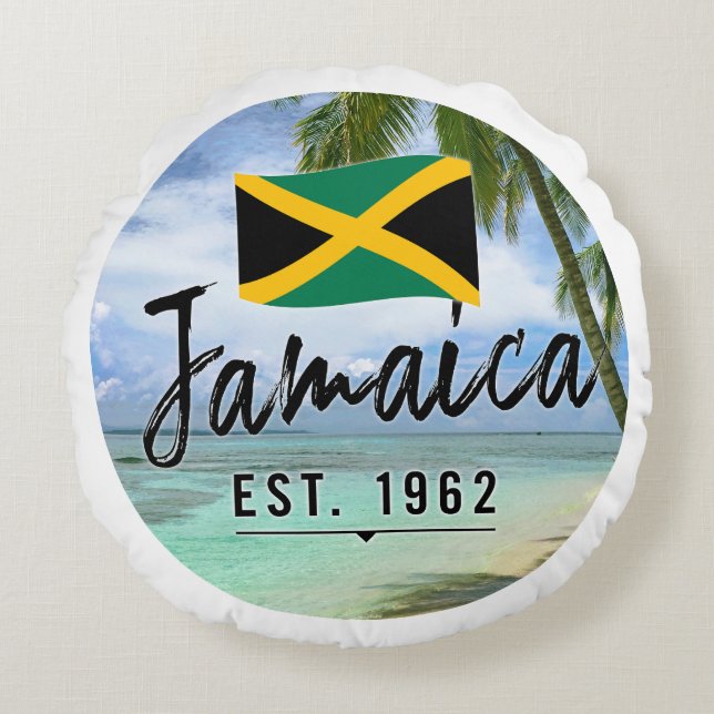 "Jamaica Est. 1962-tums persika med Jamaica Flagga Rund Kudde (Framsidan)