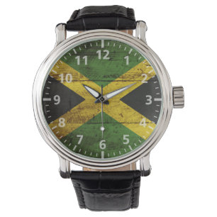 Jamaica flagga på gammalt Wood korn Armbandsur