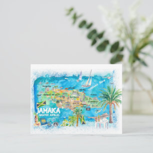 Jamaica Illustrated Travel Karta med vägar Helg Vykort