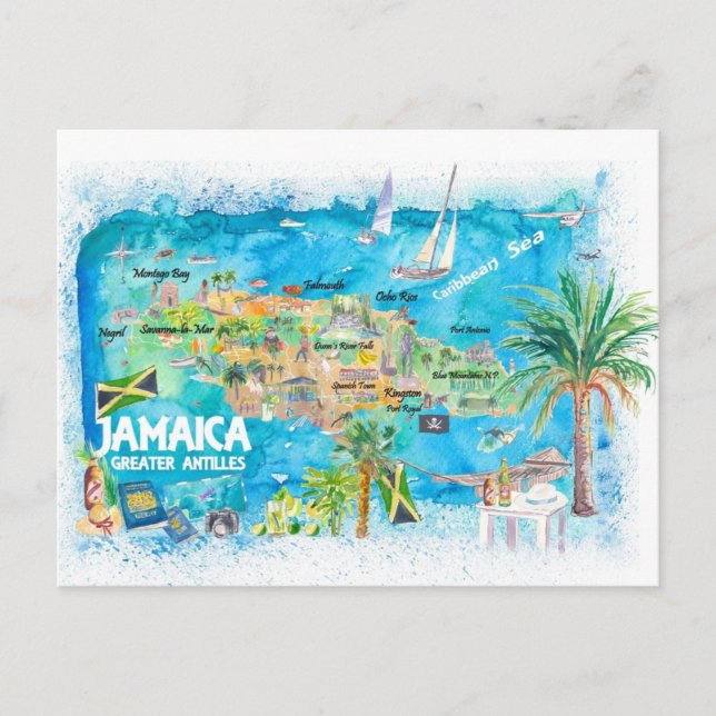 Jamaica Illustrated Travel Karta med vägar Helg Vykort (Framsida)