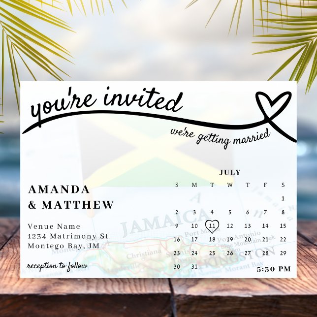 Jamaica Jamaican Flagga Heart Calendar Bröllop Inbjudningar (Jamaica Jamaican Flag Heart Calendar Wedding Invitation
)
