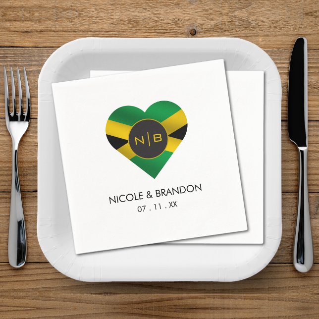 Jamaica Jamaican Flagga Heart Monogram Bröllop Pappersservett (Jamaica Jamaican Flag Heart Monogram Wedding Napkins)