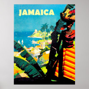 Jamaica, jamaicansk kvinna med fruktkorg på huvude poster