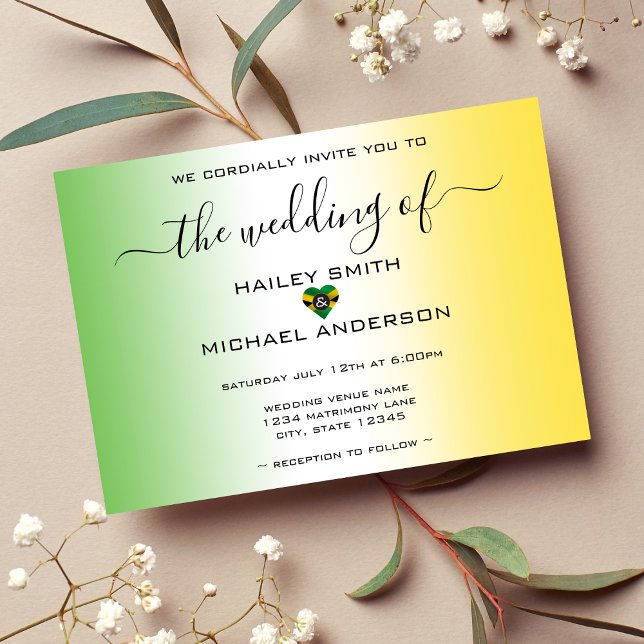 Jamaica Ombre Jamaican Flagga Heart Photo Bröllop Inbjudningar (Jamaica Ombre Jamaican Flag Heart Photo Wedding Invitation)