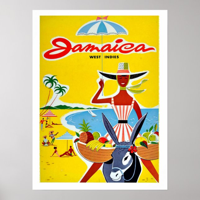 Jamaica, paraplykvinna, vintage resor poster (Framsidan)