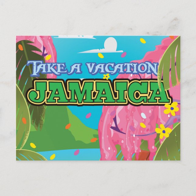 Jamaica tecknat resaffisch vykort (Framsida)