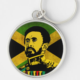 Jamaicaflagga - hAILE sELASSIE i - Rasta-knapp Rund Silverfärgad Nyckelring