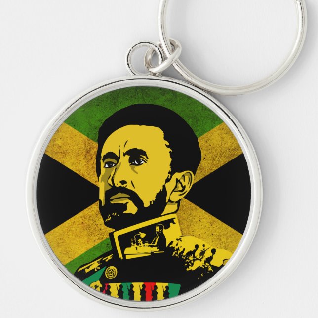 Jamaicaflagga - hAILE sELASSIE i - Rasta-knapp Rund Silverfärgad Nyckelring (Framsidan)