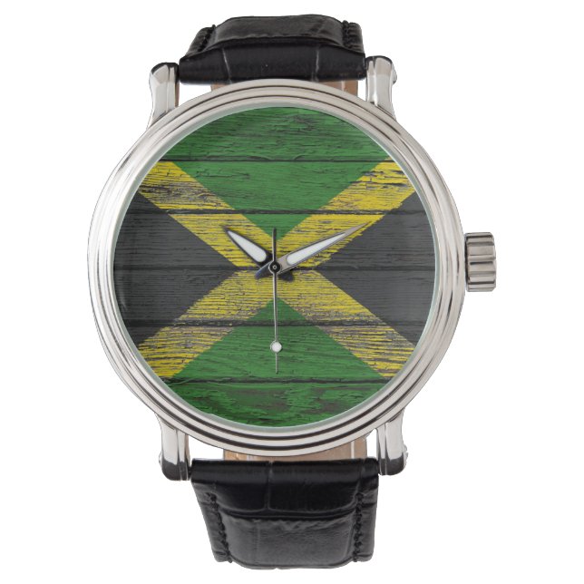 Jamaican Flagga med Rough Wood Grain Effect Armbandsur (Framsida)
