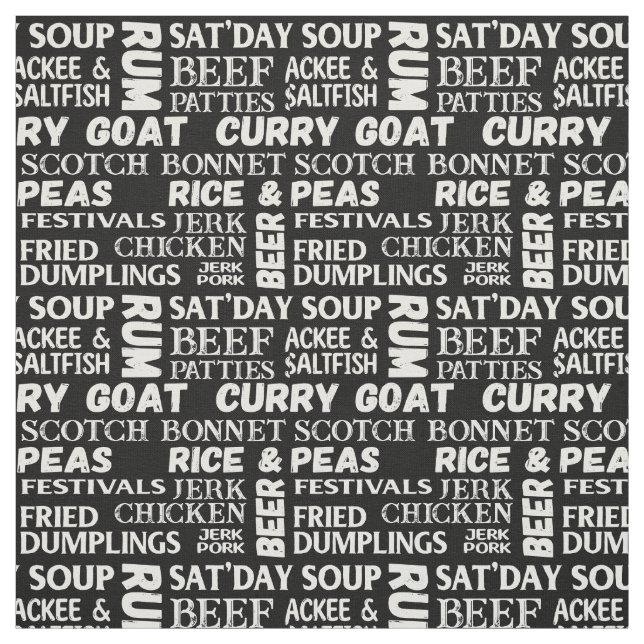 Jamaican Food Typografiska Black and White Mönster Tyg (Provkarta)