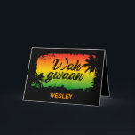 Jamaican Friends Wah Gwaan Rasta Flagga Färgad Kort<br><div class="desc">Coola hälsningskort tryckt med den jamaicanska frasen Wah gwaan över tropiska handflatan träd silhouettes på en rasta flagga-färgad som avger solnedgång</div>
