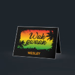 Jamaican Friends Wah Gwaan Rasta Flagga Färgad Kort<br><div class="desc">Coola hälsningskort tryckt med den jamaicanska frasen Wah gwaan över tropiska handflatan träd silhouettes på en rasta flagga-färgad som avger solnedgång</div>