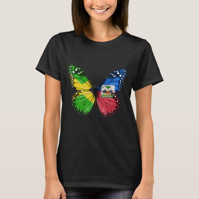 Jamaican Haitian Flagga Butterfly T Shirt (Framsida)
