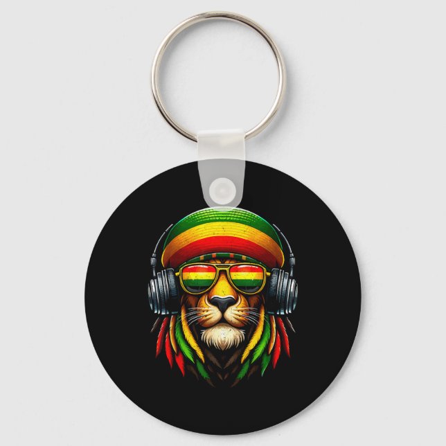 Jamaican Pride Rasta Reggae Lejon with Music Headp Nyckelring (Framsida)