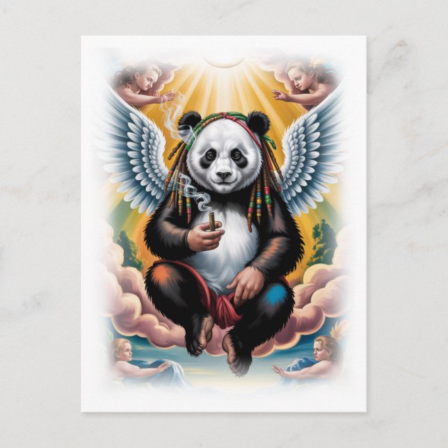 Jamaicansk Panda omgiven av Änglar på en Vit Helg Vykort (Framsida)