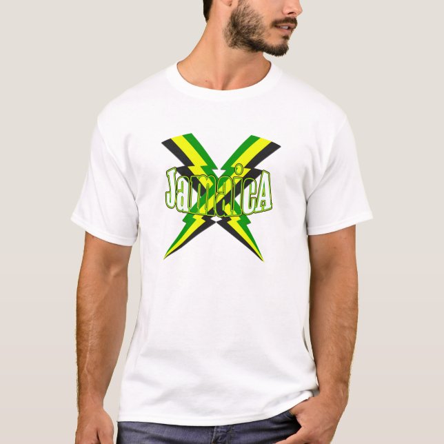 Jamaikansk Lightening kasta i sig flagga av T-shirt (Framsida)