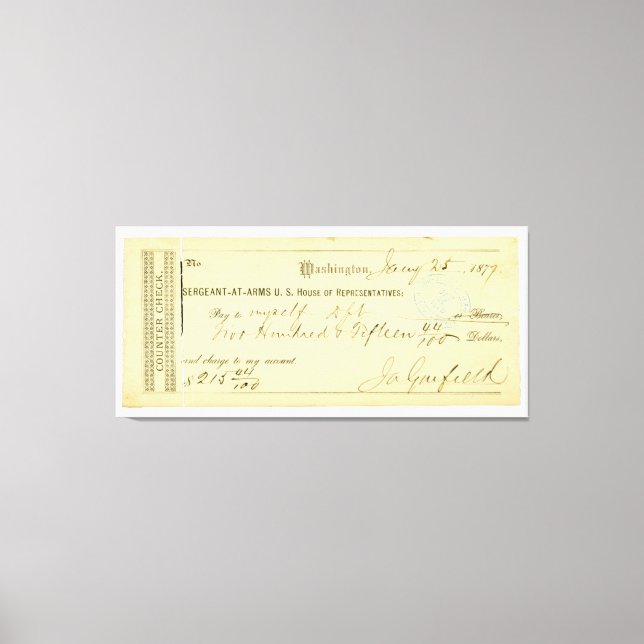 James Garfield Signed Check från 25 januari 1877 Canvastryck (Framsida)