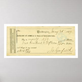 James Garfield Signed Check från 25 januari 1877 Poster