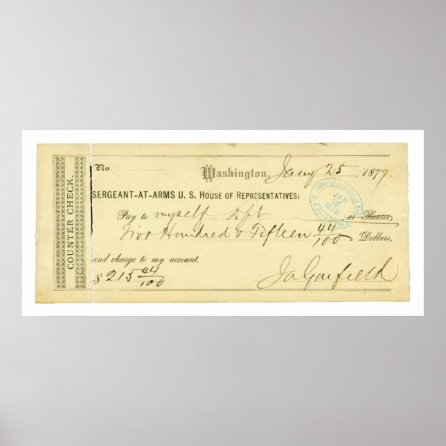 James Garfield Signed Check från 25 januari 1877 Poster (Framsidan)