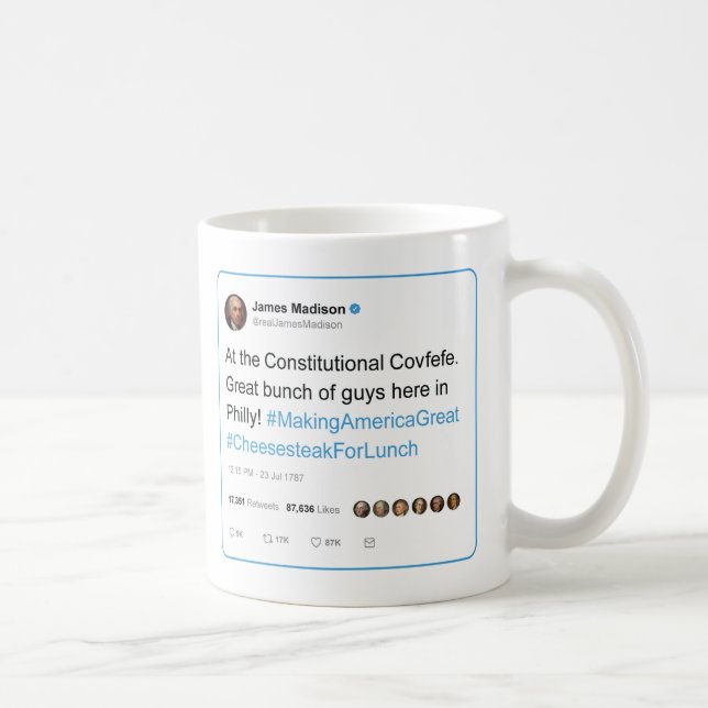 James Madison tweets konstitutionella Covfefe Kaffemugg (Höger)