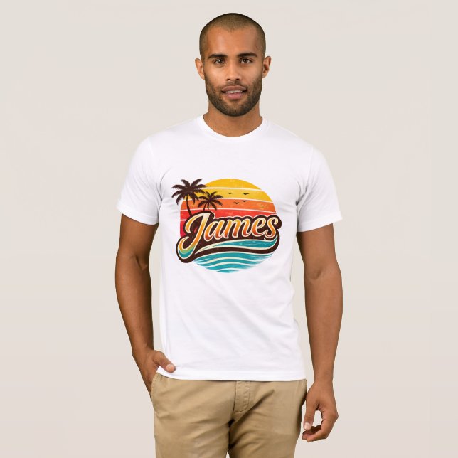 James Retro Sunset Tropical Name Design T Shirt (Hel framsida)