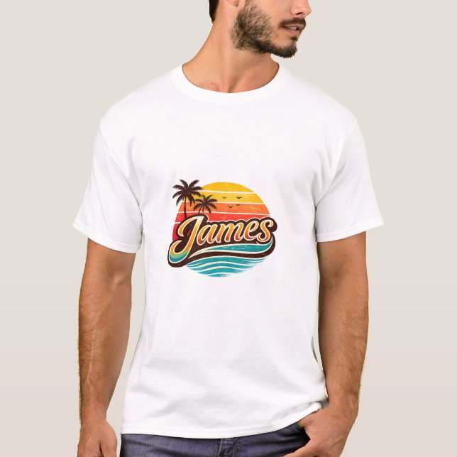 James Retro Sunset Tropical Name Design T Shirt (Framsida)