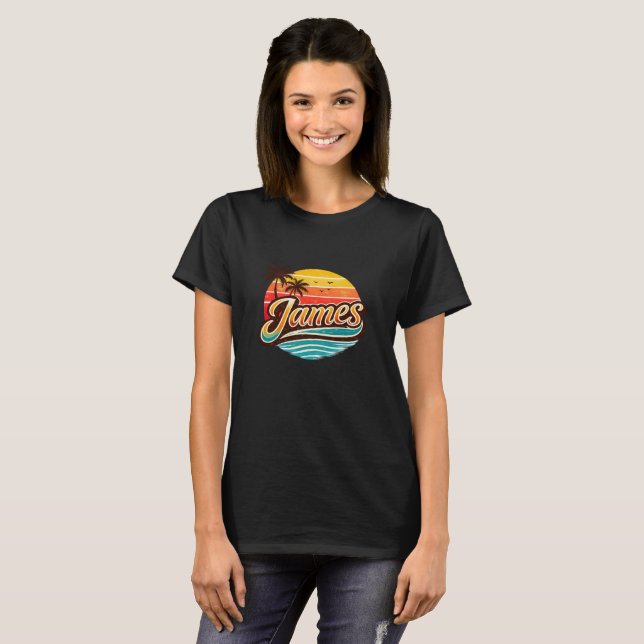 James Retro Sunset Tropical Name Design T Shirt (Hel framsida)