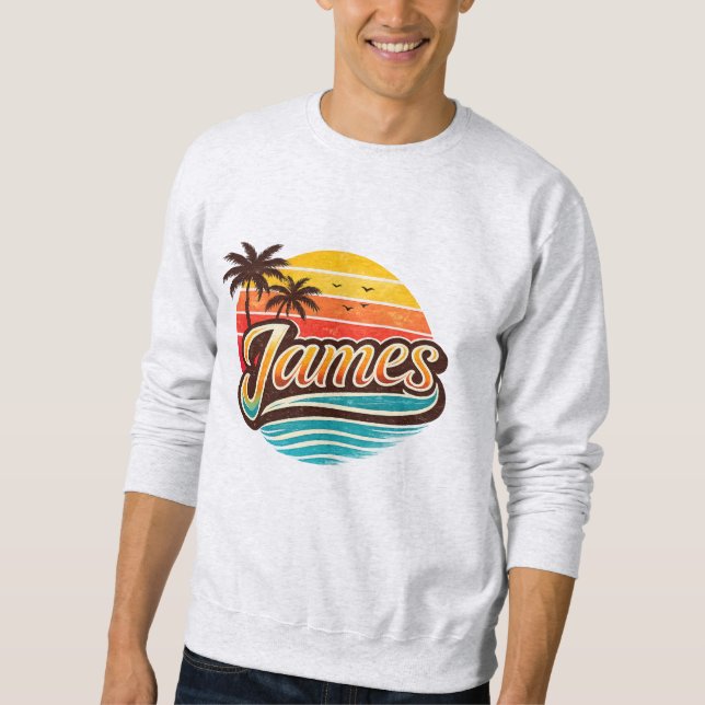James Retro Sunset Tropical Namn Design Lång Ärmad Tröja (Framsida)