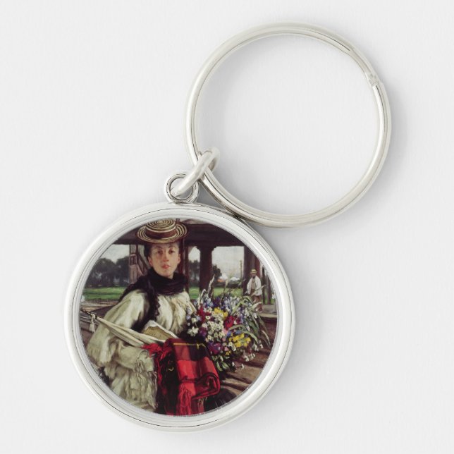James Tissot | som väntar på stationen Rund Silverfärgad Nyckelring (Framsidan)
