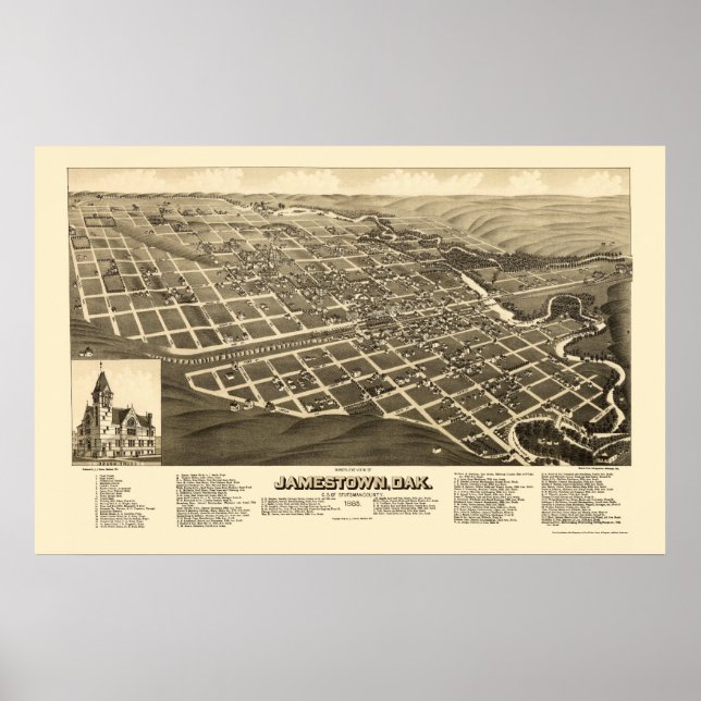 Jamestown, ND Panoramic Karta - 1883 Poster (Framsidan)