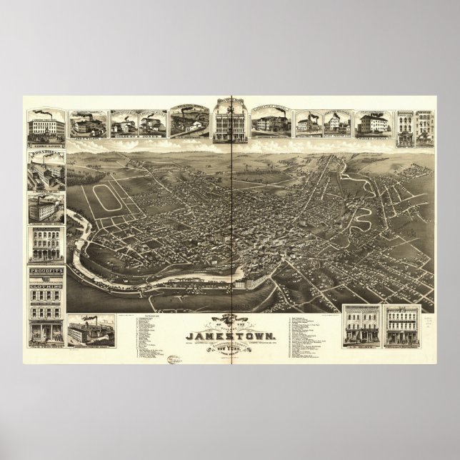 Jamestown New York 1882 Antique Panoramic Karta Poster (Framsidan)